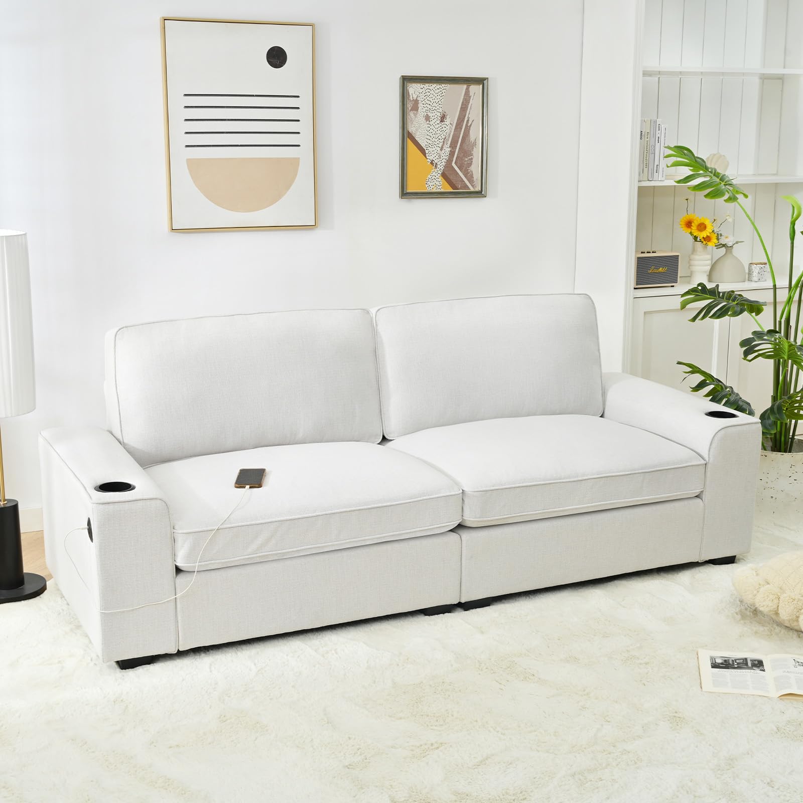 HALLYBEE 88.6" White Couch, Modern Sofa with USB Charging Ports Cup Holders, Loveseat Sofa with 2 Extra Deep Seat Removable Sofa Cushion, Comfy Couch for Living Room, Apartment Bedroom, Linen