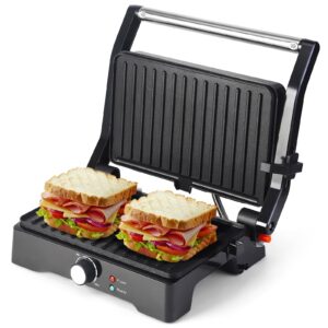 uvfast panini press grill sandwich maker, large electric 3 in 1 panini sandwich maker grill, open 180 degrees for grill indoor, perfect for grilling steaks, burger, sandwich,non-stick pan, black