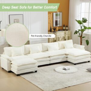 VUYUYU 154" Oversized Modern U Shaped Sectional Sofa with Convertible Chaise, Chenille Fabric Comfy Cloud Couch Deep Sectional Sofa with Ottomans for Living Room (Beige White, U-Shaped)