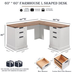 RedLemon 60" Farmhouse L Shaped Executive Desk with Drawers, Wood Home Office Corner Desk with Charging Station, File Drawer, Storage Cabinet, Rustic Computer Writing Desk (Antique White)