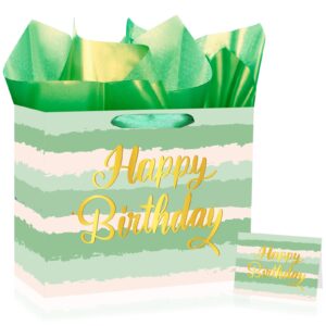 woosytoo large birthday gift bag, sage green birthday gift bag with greeting card tissue paper happy birthday gift bags christmas wrapping paper bags for baby shower girls boys birthday party decor