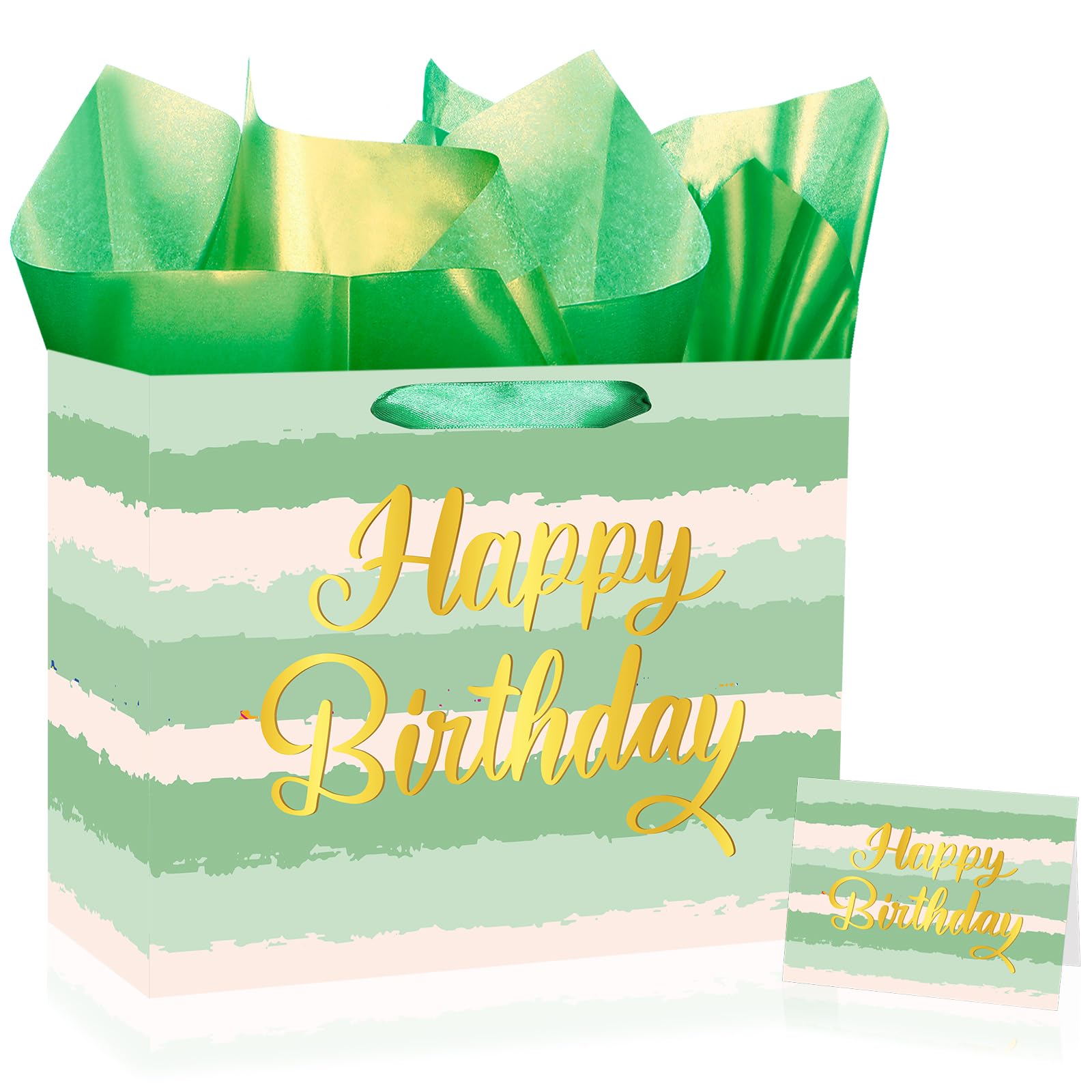 Woosytoo Large Birthday Gift Bag, Sage Green Birthday Gift Bag with Greeting Card Tissue Paper Happy Birthday Gift Bags Christmas Wrapping Paper Bags for Baby Shower Girls Boys Birthday Party Decor