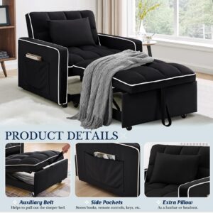 Sleeper Chair, 3 in 1 Convertible Chair Bed,Velvet Tufted Upholstered Single Pullout Sofa Chair Bed with Adjustable Backrest&Side Pockets,Recliner Lounger Bed for Living Room/Office/Small Space(Black)