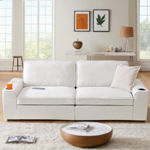 hallybee 88.6" white couch, modern sofa with usb charging ports cup holders, loveseat sofa with 2 extra deep seat removable sofa cushion, comfy couch for living room, apartment bedroom, linen