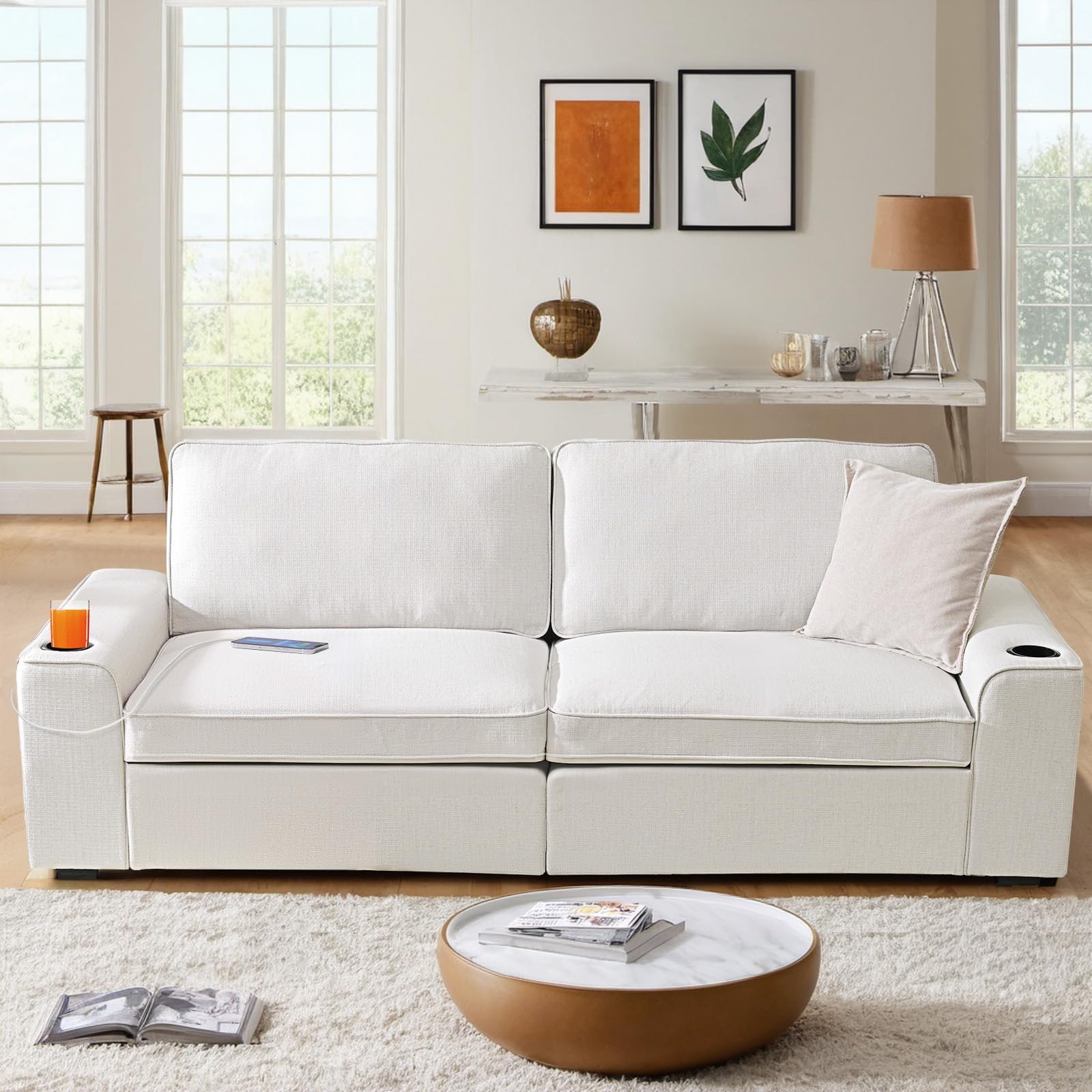 HALLYBEE 88.6" White Couch, Modern Sofa with USB Charging Ports Cup Holders, Loveseat Sofa with 2 Extra Deep Seat Removable Sofa Cushion, Comfy Couch for Living Room, Apartment Bedroom, Linen