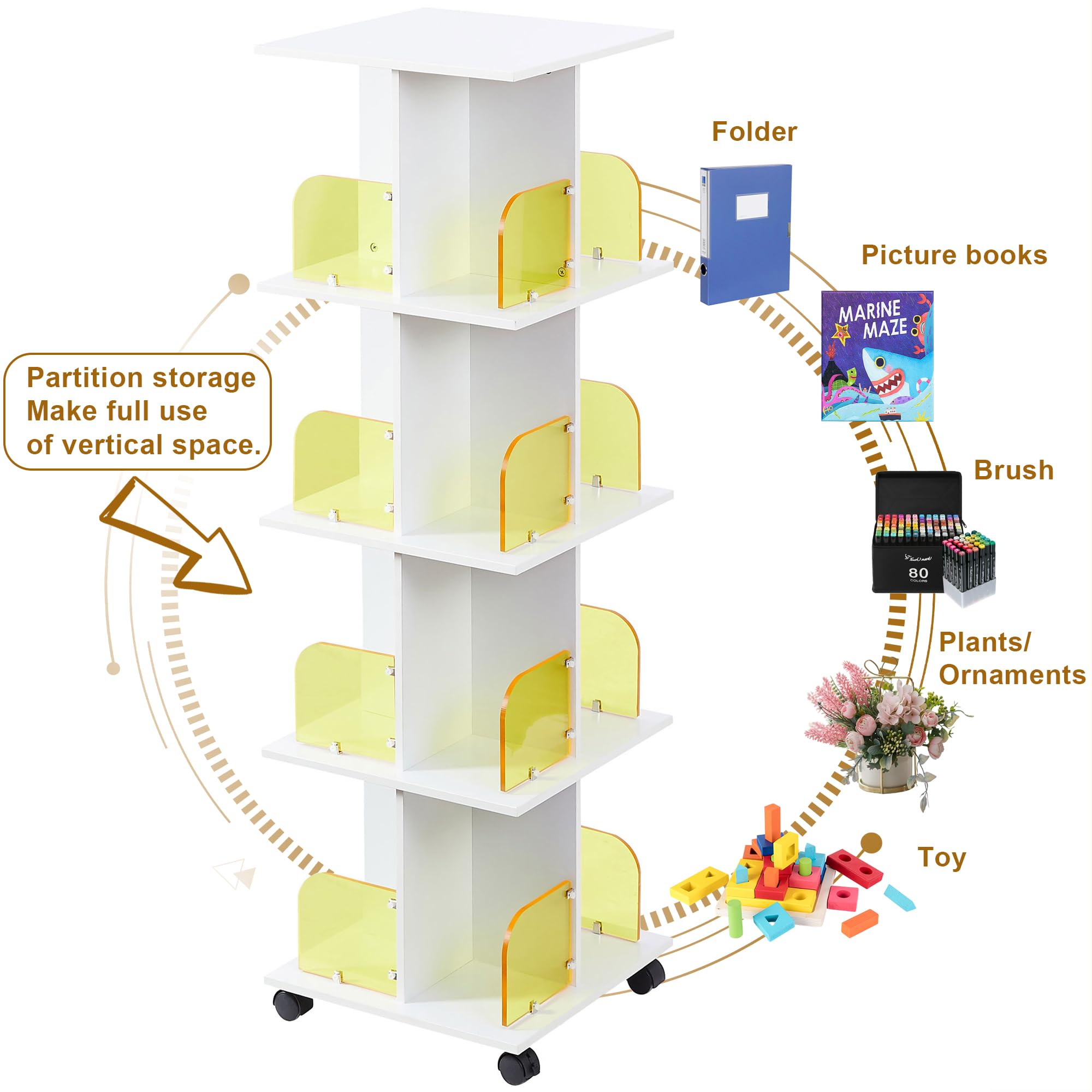 VECELO Rotating Bookshelf with Brake Wheels, 360°Display 4 Tier Floor Stackable Spinning-Bookshelf Tower for Kids&Adults, Revolving Bookcase for Small Space,Corner(White)