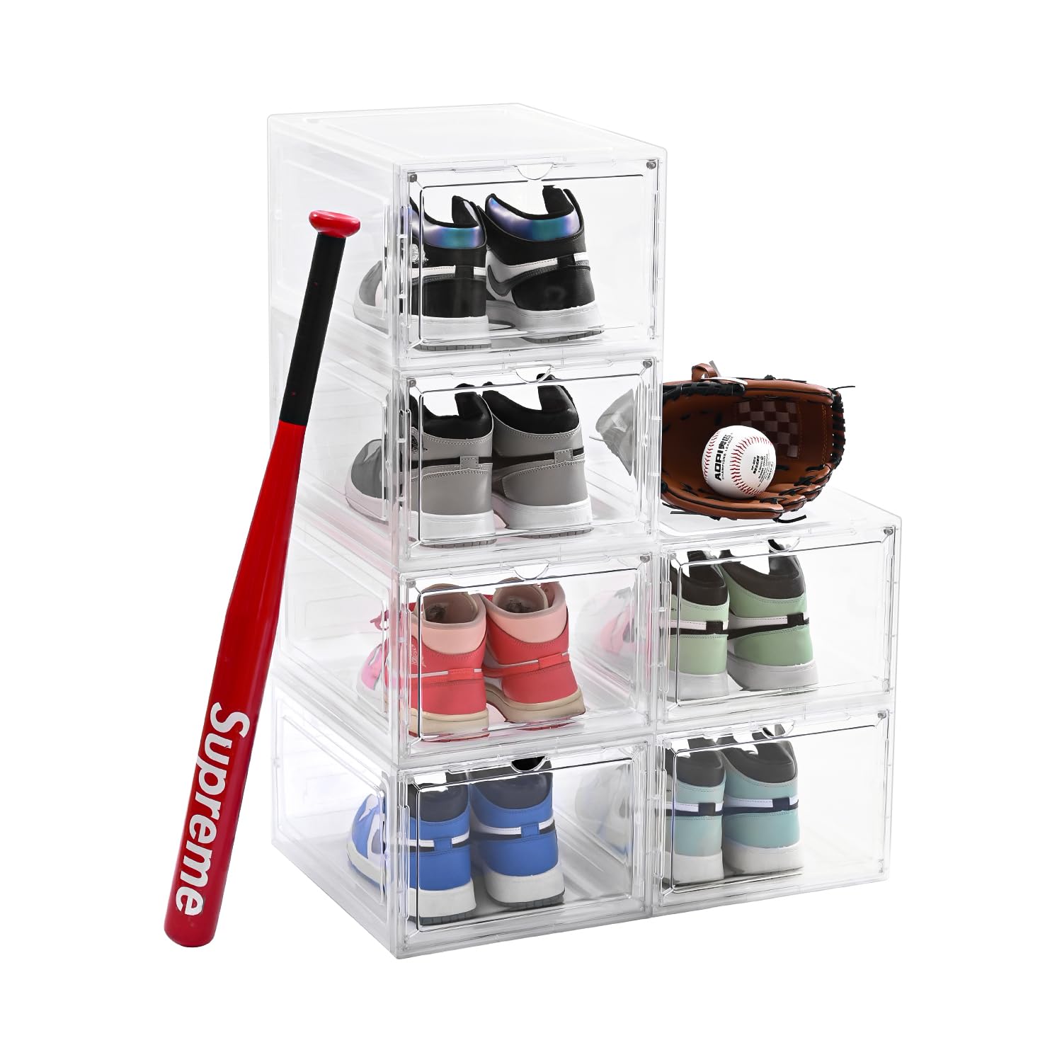 Uni HIMO Drop Front Shoe Box with Clear Door,6 pack Plastic Shoe Boxes Stackable,Thicken & Sturdy Organizer Containers For Sneakers,Fit up to US Size 12(13.5”x 10.5”x 7.4”)