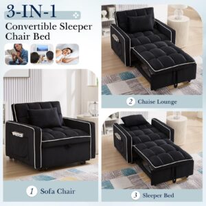 Sleeper Chair, 3 in 1 Convertible Chair Bed,Velvet Tufted Upholstered Single Pullout Sofa Chair Bed with Adjustable Backrest&Side Pockets,Recliner Lounger Bed for Living Room/Office/Small Space(Black)