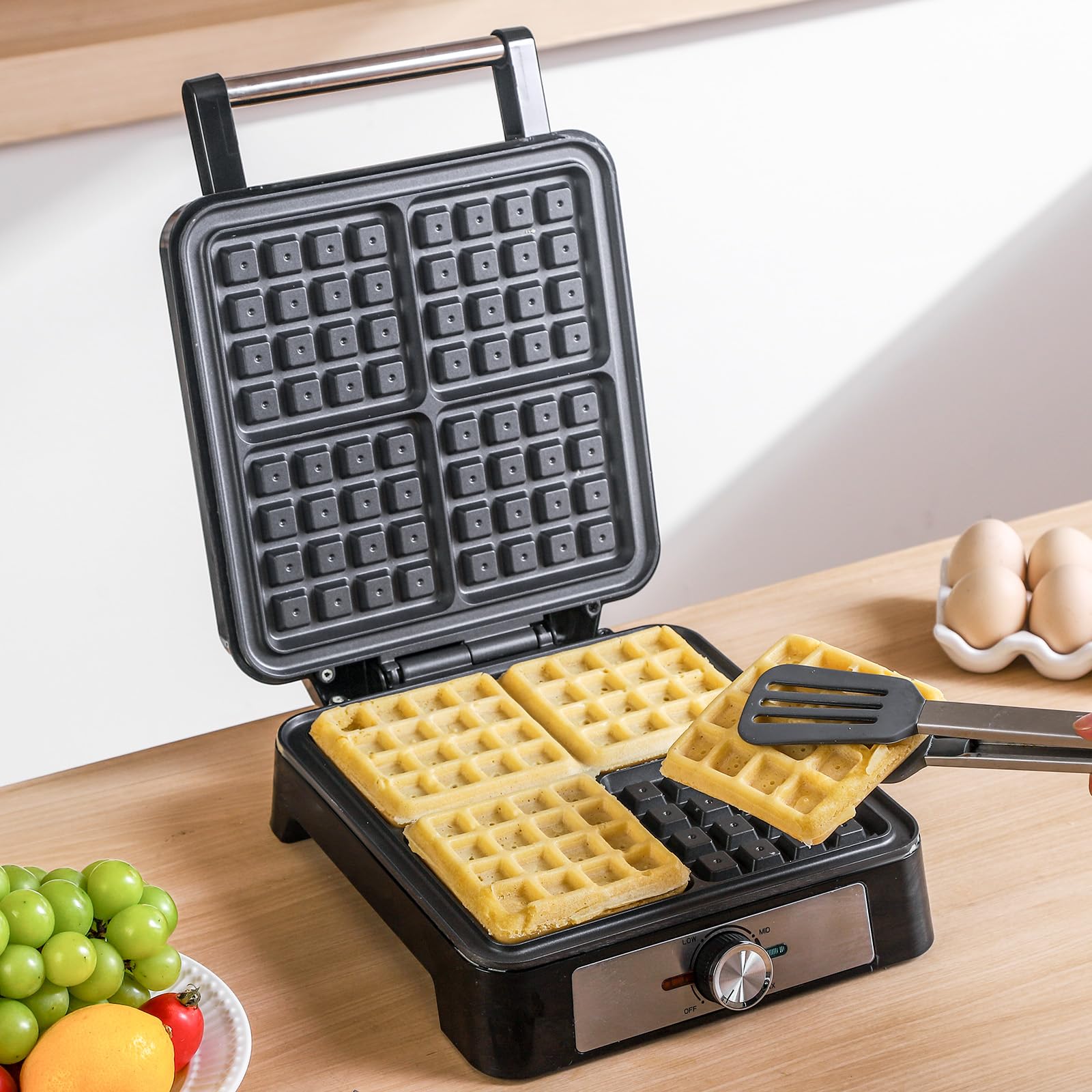 UVFAST Waffles Maker Waffle Iron, 4 Belgian Square Waffle Maker, Belgian Waffle Maker Thick Pancake Maker with Non-stick Plate, Breakfast Waffle Machine Make Waffle in Minutes, 3 Browning Level, 1600W