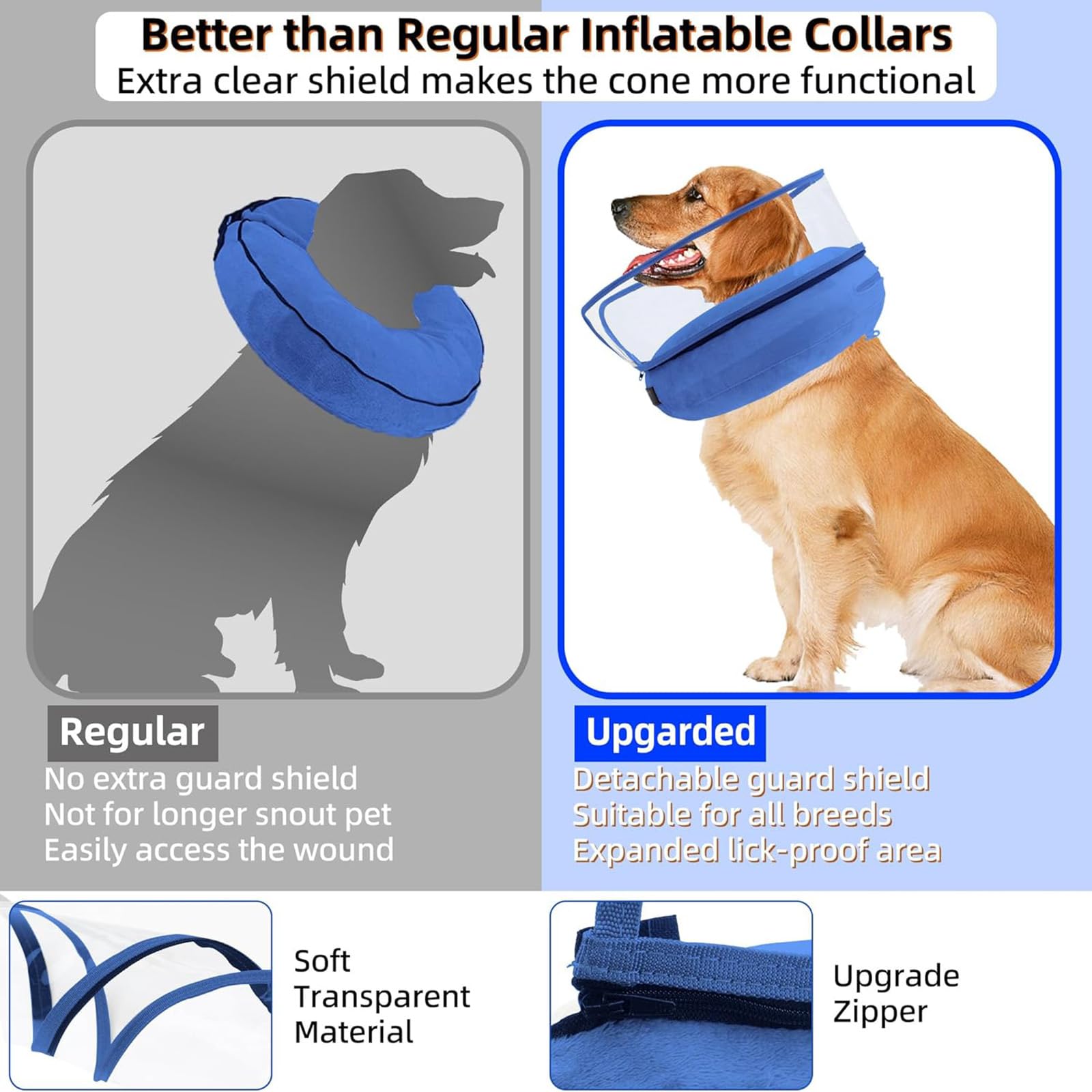 Dog Cone Collar After Surgery,Inflatable Soft Dog Cone for Large Medium Small Dog,Adjustable Breathable Inflatable Dog Cone Collar,Protect Pets from Licking Wounds,Soft and Comfortable,Blue(XL)