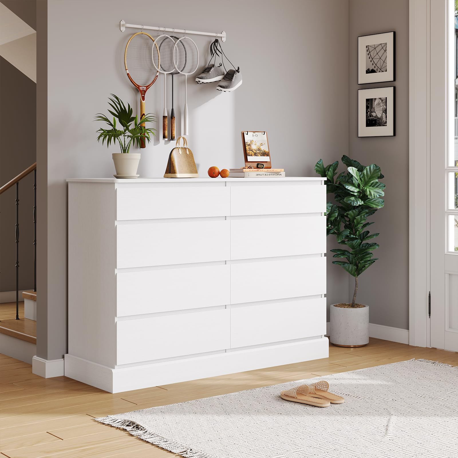 DICTAC 8 Drawers Dresser for Bedroom, White Large Chest of Drawers, Long Modern Double Dressers, Big Clothing Storage Organizer Closet with Ample Space, 51.6''L x 15.7''D x 37.7''H