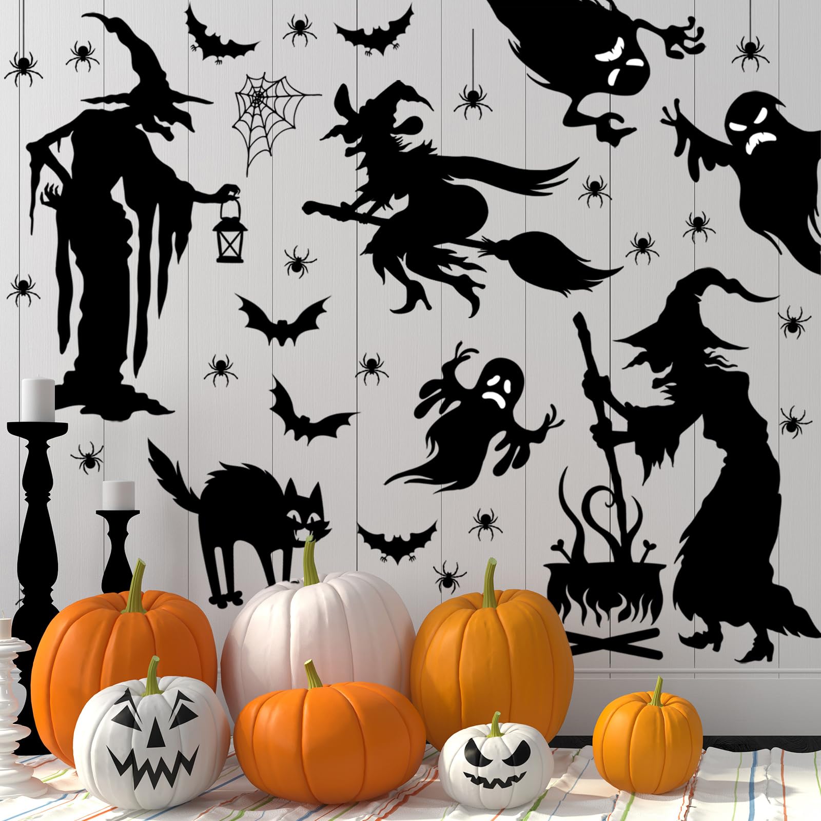 Cholemy 4 Sheets Halloween Wall Decals 35.4 x 11.8 Inch Halloween Wall Sticker Large Witch Spider Bat Pumpkin Wall Decals Removable Halloween Wall Clings for Home Party Decor Supplies