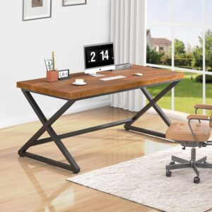 IBF Solid Wood Desk, 60” Rustic Real Wood Home Office Work Desk, Industrial Natural Wood Writing Study Desk, Metal Wooden Desk Executive Workstation Computer Table in Bedroom Living Room, Brown, 60 in