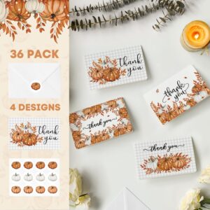 Artoid Mode 36 Pack Leaves Pumpkin Thank You Cards Fall Greeting Cards Gift With Envelope Sticker Blank Note Cards for Birthday Wedding Baby Shower Bridal Shower, 4 x 6 Inch