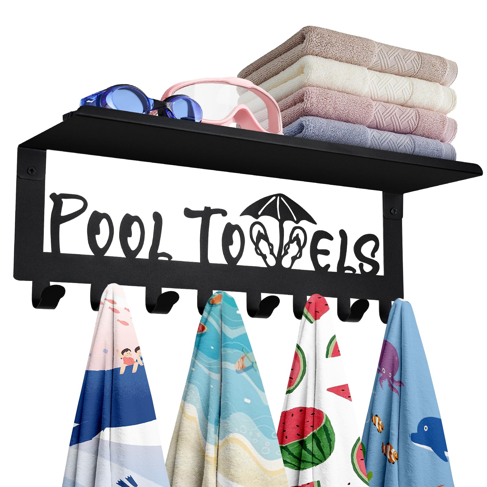 Premium Pool Towel Racks with Wall Mount Towel Hooks Durable Carbon Steel Outdoor Towel Holder with 8 Hooks Organizer for Bathroom Pool Accessories Perfect for Poolside, Patio, and Bathroom