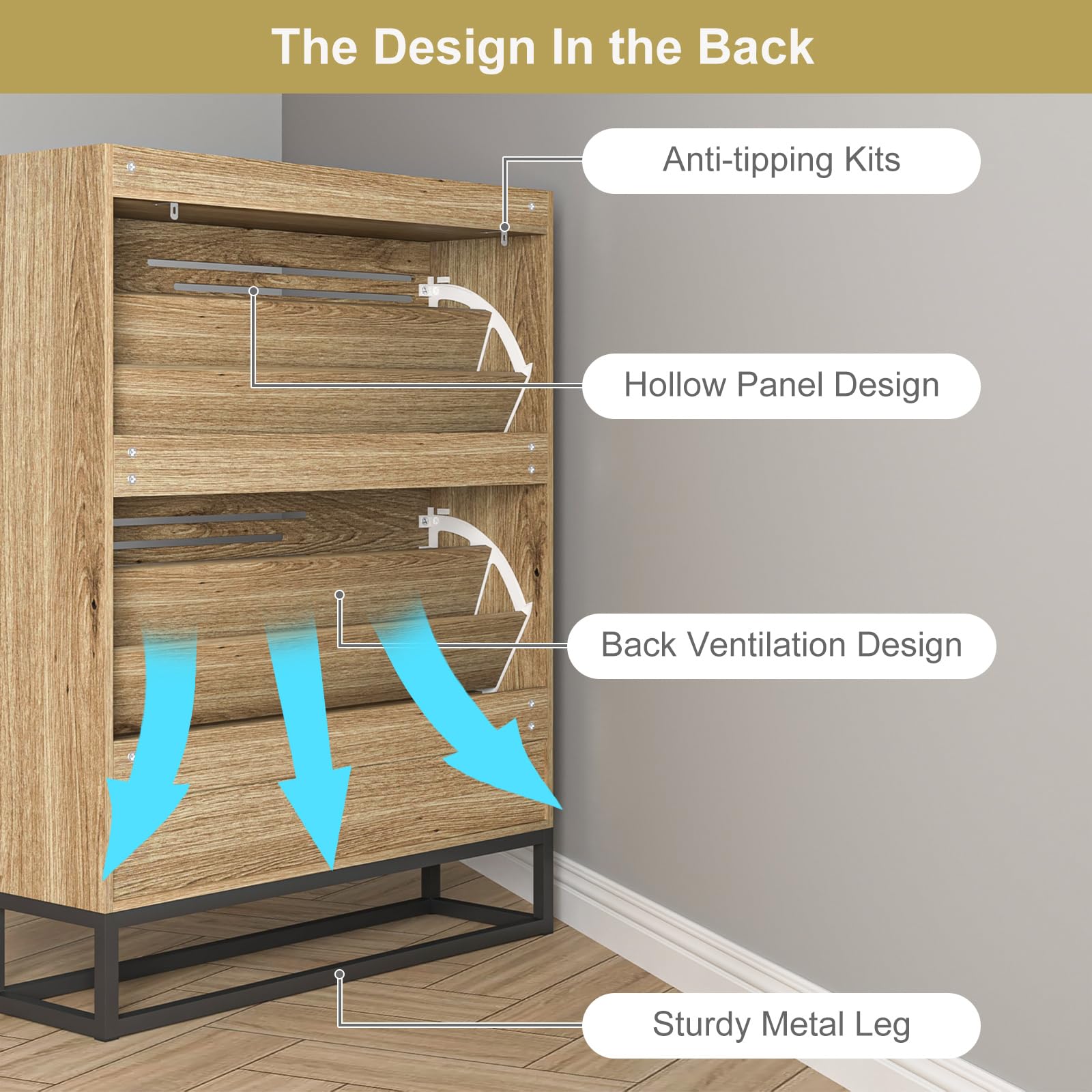 VERYKE Shoe Cabinet for Entryway,Slim Hidden Shoe Storage Cabinet with 2 Flip Hollowed Drawers, Wood Narrow Shoe Organizer Cabinet with Bottom Cubby and Metal Leg for Hallway,Closet