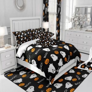 White Ghost Bedding Set,Pumpkin Lantern Comforter Cover Set for Teens Women Room Decor,Cartoon Halloween Duvet Cover Breathable Black White Orange Bedspread Cover Full Size