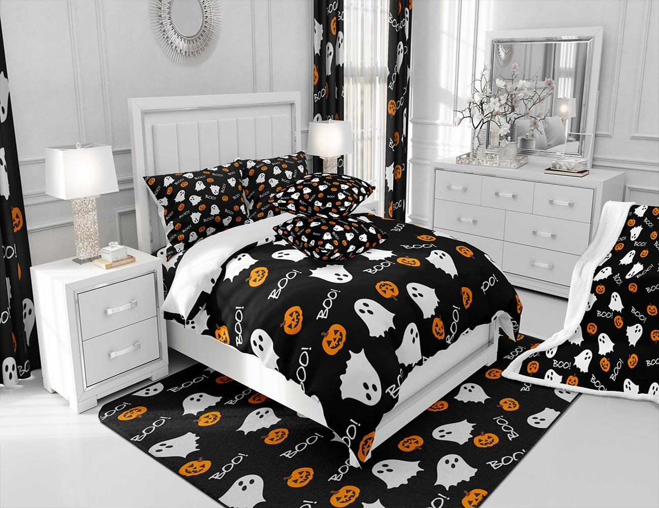 White Ghost Bedding Set,Pumpkin Lantern Comforter Cover Set for Teens Women Room Decor,Cartoon Halloween Duvet Cover Breathable Black White Orange Bedspread Cover Full Size