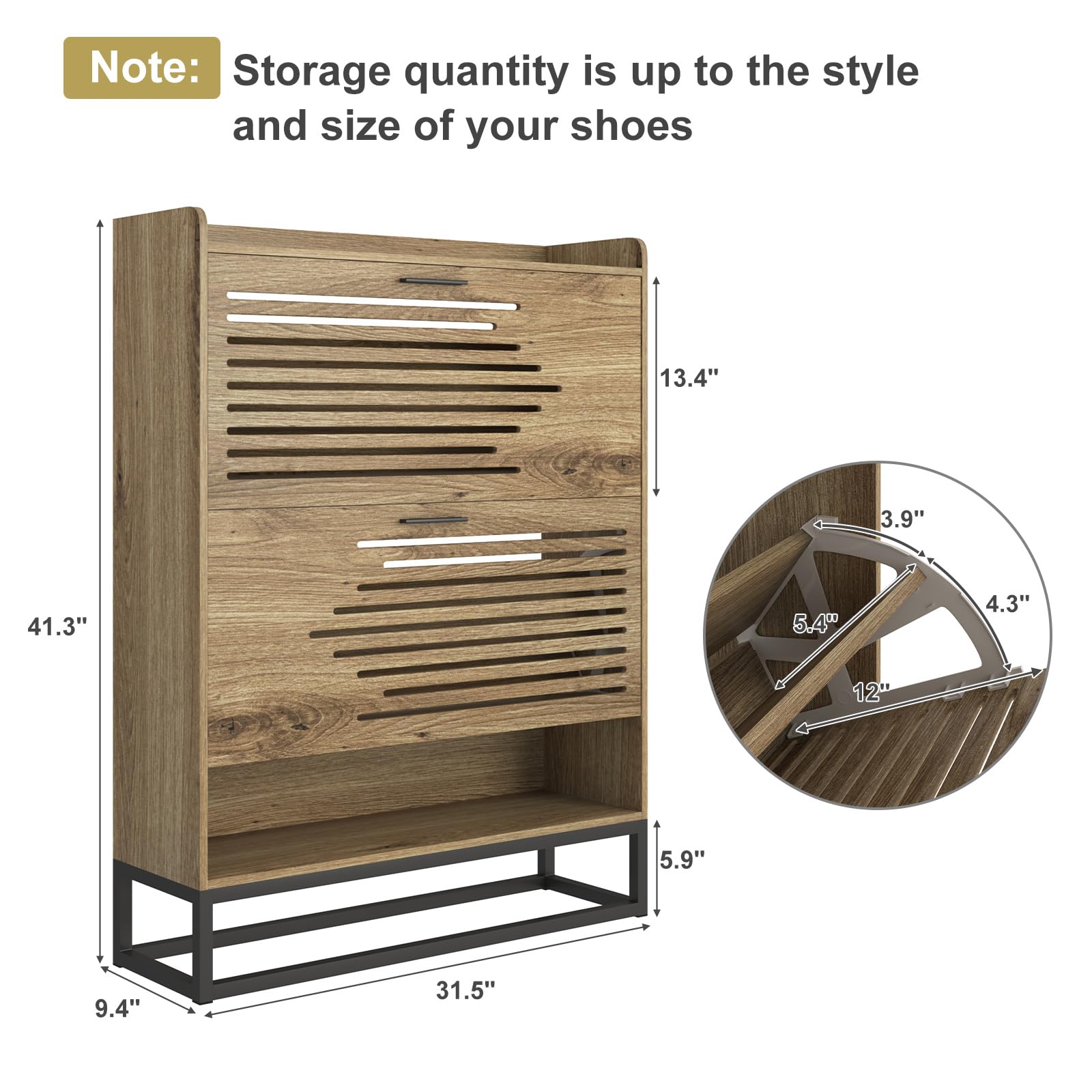 VERYKE Shoe Cabinet for Entryway,Slim Hidden Shoe Storage Cabinet with 2 Flip Hollowed Drawers, Wood Narrow Shoe Organizer Cabinet with Bottom Cubby and Metal Leg for Hallway,Closet