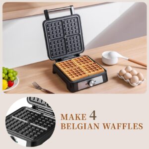 UVFAST Waffles Maker Waffle Iron, 4 Belgian Square Waffle Maker, Belgian Waffle Maker Thick Pancake Maker with Non-stick Plate, Breakfast Waffle Machine Make Waffle in Minutes, 3 Browning Level, 1600W