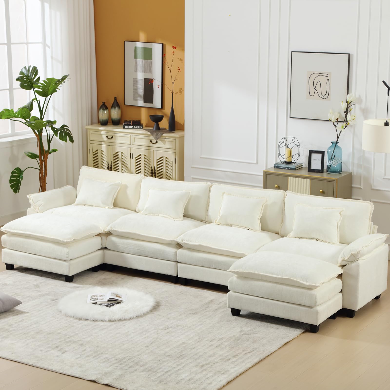 VUYUYU 154" Oversized Modern U Shaped Sectional Sofa with Convertible Chaise, Chenille Fabric Comfy Cloud Couch Deep Sectional Sofa with Ottomans for Living Room (Beige White, U-Shaped)