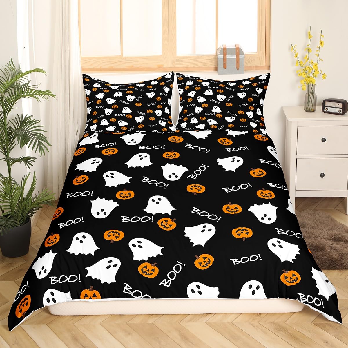 White Ghost Bedding Set,Pumpkin Lantern Comforter Cover Set for Teens Women Room Decor,Cartoon Halloween Duvet Cover Breathable Black White Orange Bedspread Cover Full Size