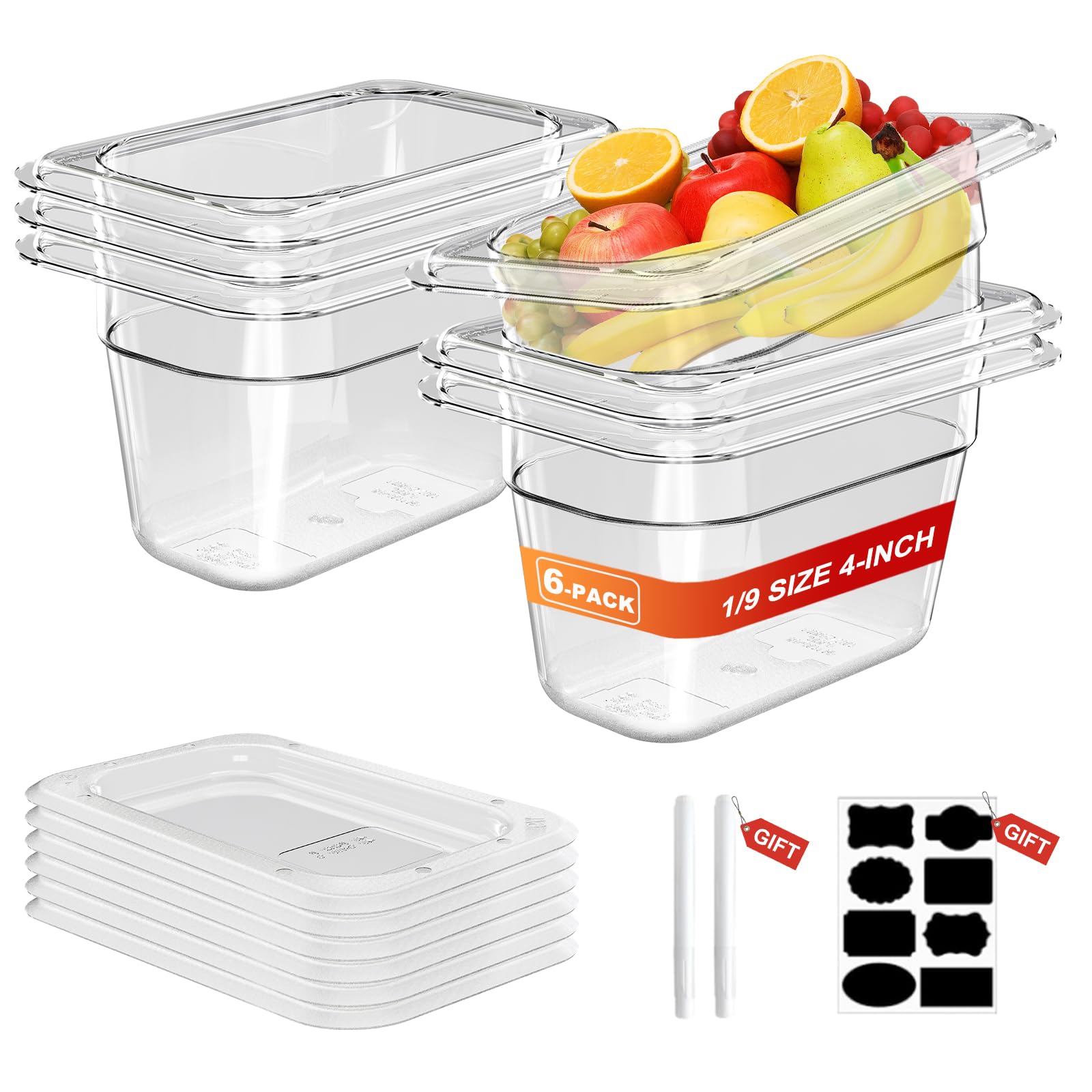 SVKLHY 1/9 Size 4 Inch Clear NSF Polycarbonate Food Pan-9 PCS[Food Grade][Hot&Cold Resistant] Commercial Food Pans with Lids, Restaurant Food Storage Containers Hotel Pan(BPA-FREE)