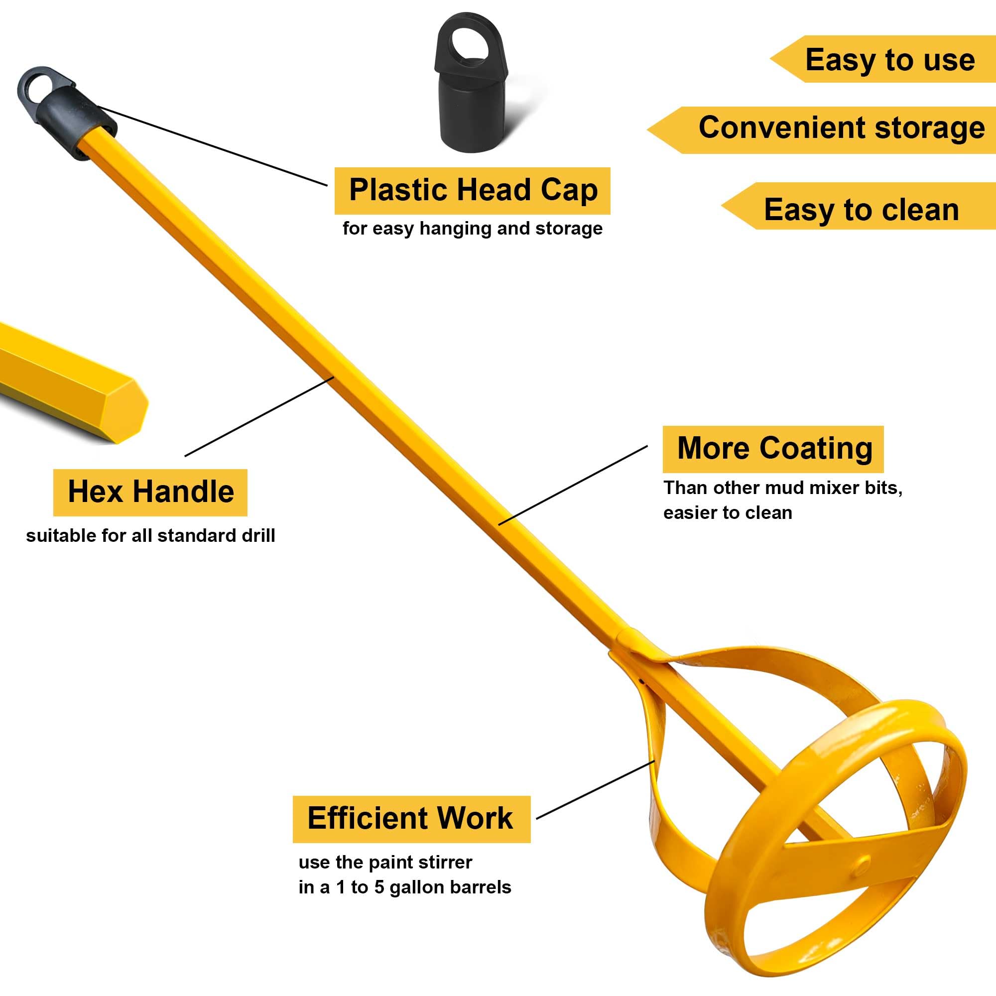 Viganoc Paint and Mud Mixers, Paint Stirrer for Drill Bits in 1 to 5 Gallon Drums, Fits all Standard Drill Bits, Hex Head Non-slip, Easy to Clean, Paint and Plaster Mixers Stirrer Tools (Yellow)