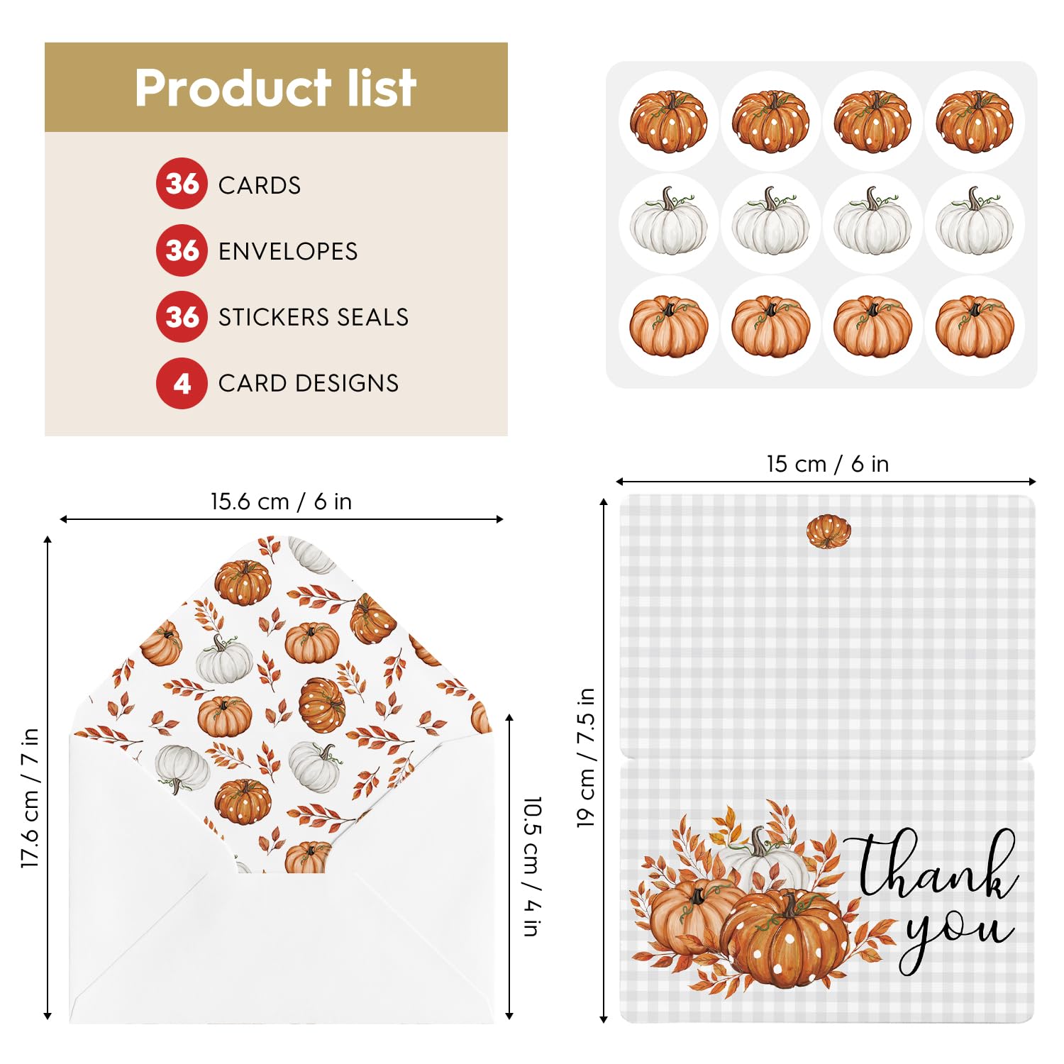 Artoid Mode 36 Pack Leaves Pumpkin Thank You Cards Fall Greeting Cards Gift With Envelope Sticker Blank Note Cards for Birthday Wedding Baby Shower Bridal Shower, 4 x 6 Inch