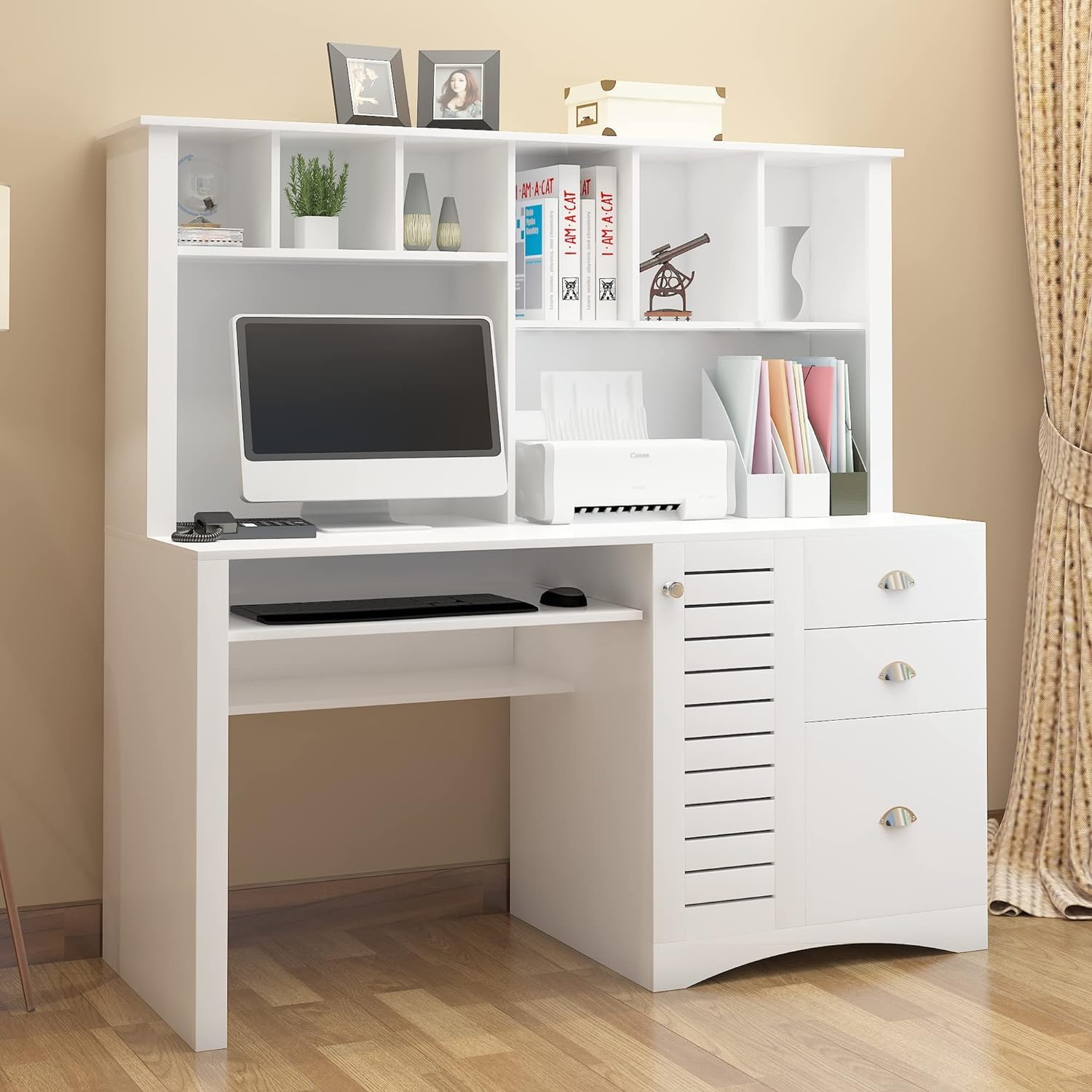 JOYSOURCE 59" Computer Desk with Hutch, 2-Tier Shelves, Keyboard Tray, 3 Drawers, White - Large Home Office Desk for Gaming, Writing, Study Workstation