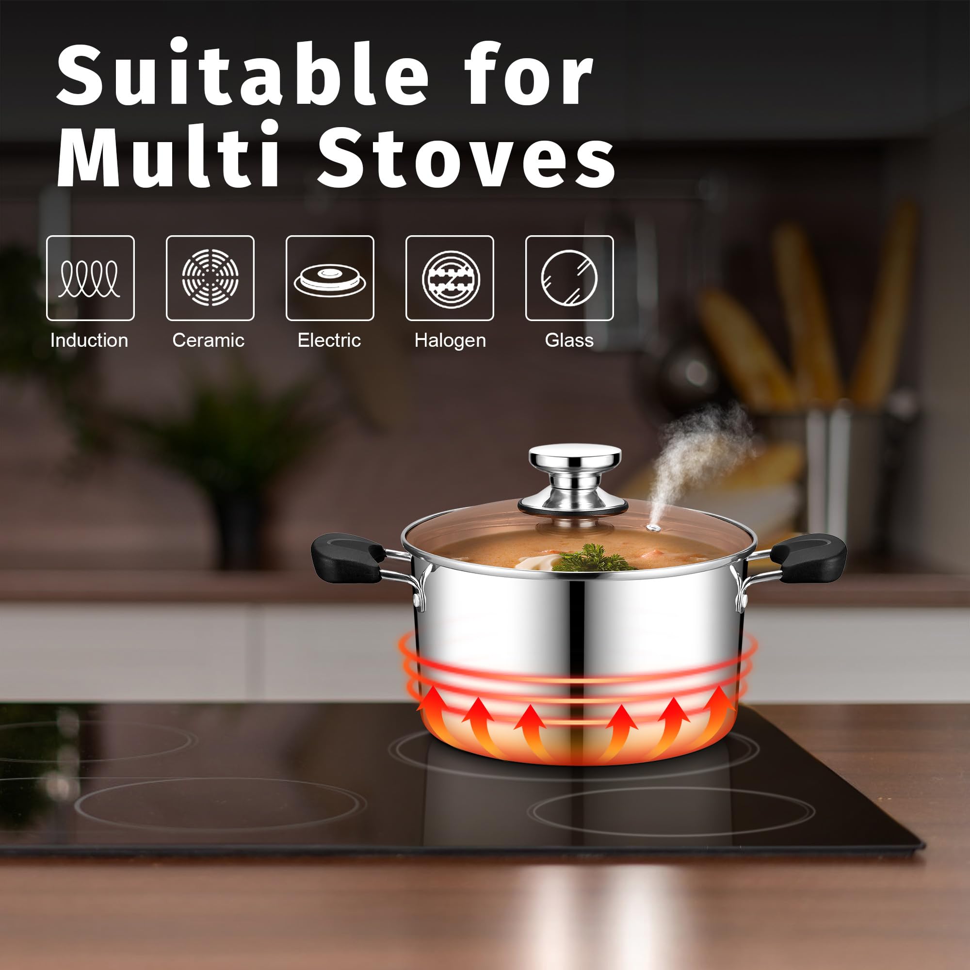 5 Qt Stainless Steel Pot with Lid, P&P CHEF 3-Ply Stock Pot for Cooking Pasta & Stewing Soup, Fits Multi Stoves, Heat-proof Handle & Clear Lid, Heavy Duty & Dishwasher Safe