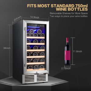 BODEGA 15 Inch wine fridge, 31 Bottles Mini Fridge,Wine Cooler Refrigerator with Double-Layer Glass Door, Wine cooler with smart chip control,Temperature Memory,Built-in or Freestanding.