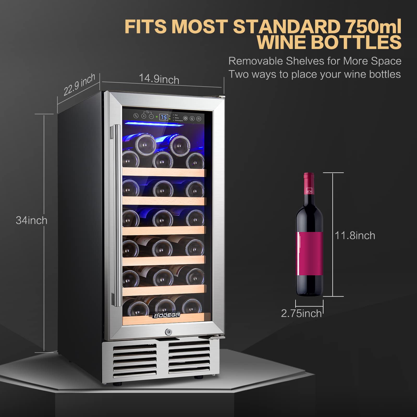 BODEGA 15 Inch wine fridge, 31 Bottles Mini Fridge,Wine Cooler Refrigerator with Double-Layer Glass Door, Wine cooler with smart chip control,Temperature Memory,Built-in or Freestanding.