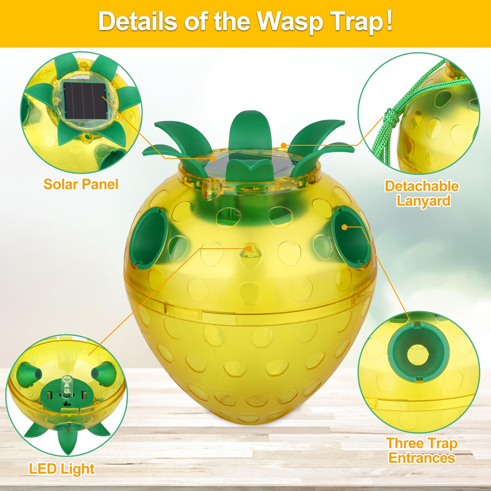 Wasp Traps Outdoor Hanging, Yellow Jacket Wasp Catcher for Trapping Hornet, Non-Toxic Reusable Wasp Catcher for Outdoors Trapping Wasp, Wasp Trap Solar Power Outdoor with LED Light, 2PC-Yellow