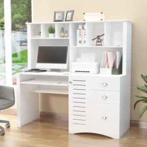 JOYSOURCE 59" Computer Desk with Hutch, 2-Tier Shelves, Keyboard Tray, 3 Drawers, White - Large Home Office Desk for Gaming, Writing, Study Workstation