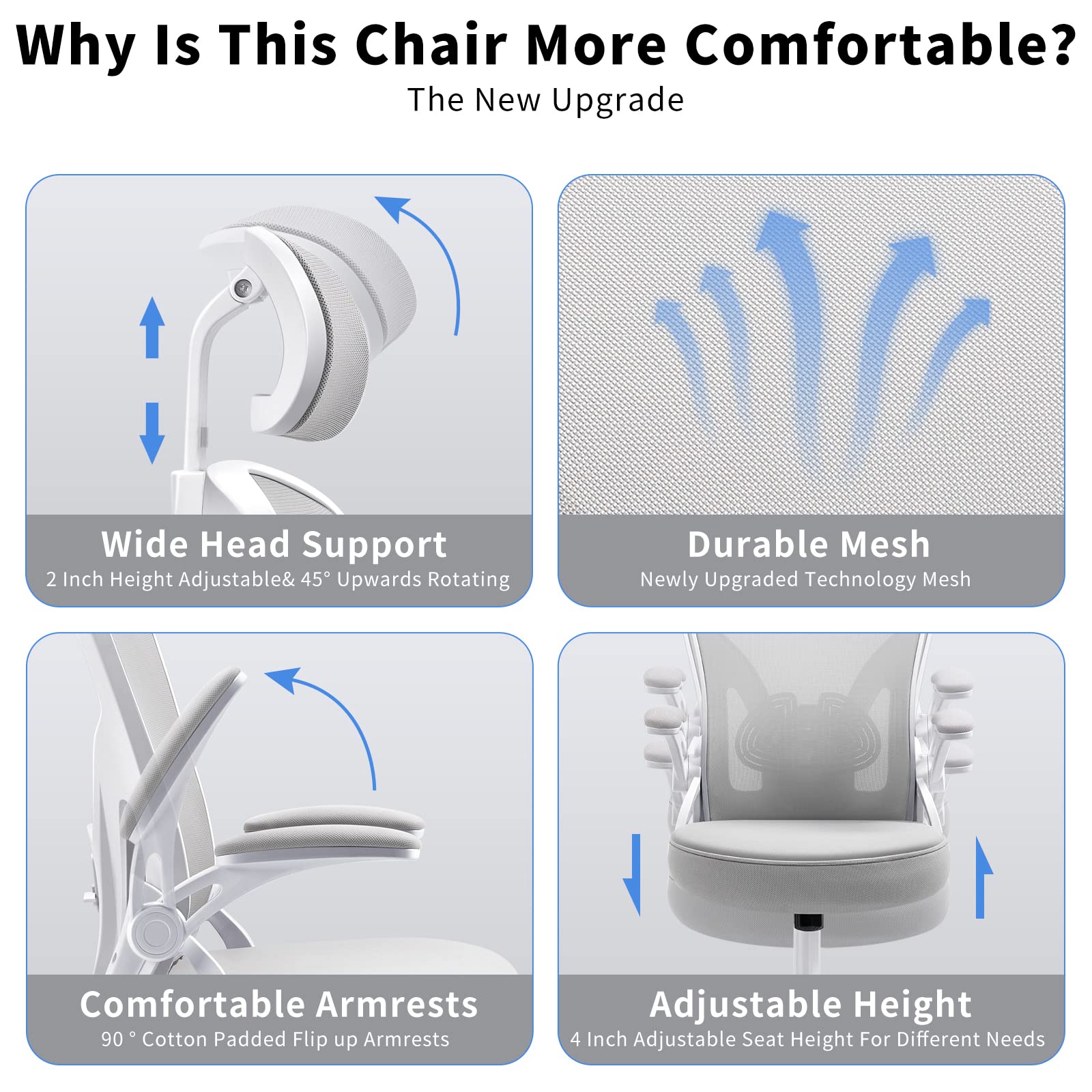 Office Chair, High Back Ergonomic Desk Chair, Thicken Large Seat, Adjustable Headrest and Lumbar Support, Comfy Computer Chair with Padded Flip-up Armrests, Swivel Task Chair, Tilt Function (Grey)