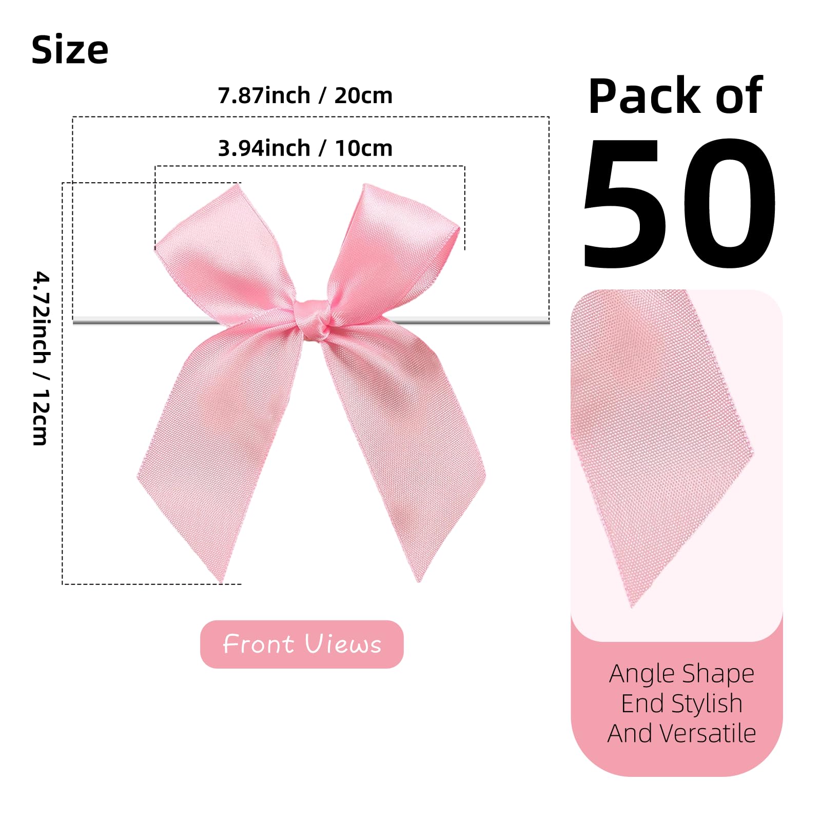 Twist Tie Bows, 50Pcs Pink Satin Ribbon Bows, 3.9'' Big Pre-Tied Pink Gift Bows for Gift Wrapping Treat Bag Present Craft Bridal Shower Wedding Girls Birthday Party Halloween Thanksgiving (Pink)