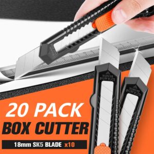 JOYUMY 20 Pack Utility Knife, Box Cutter Retractable, Box Knife for Cartons, Cardboard, and Boxes, Box Opener with 10 Pieces 18mm Snap-off Blade, Razor Knife for Office and Home Use, Box Cutters