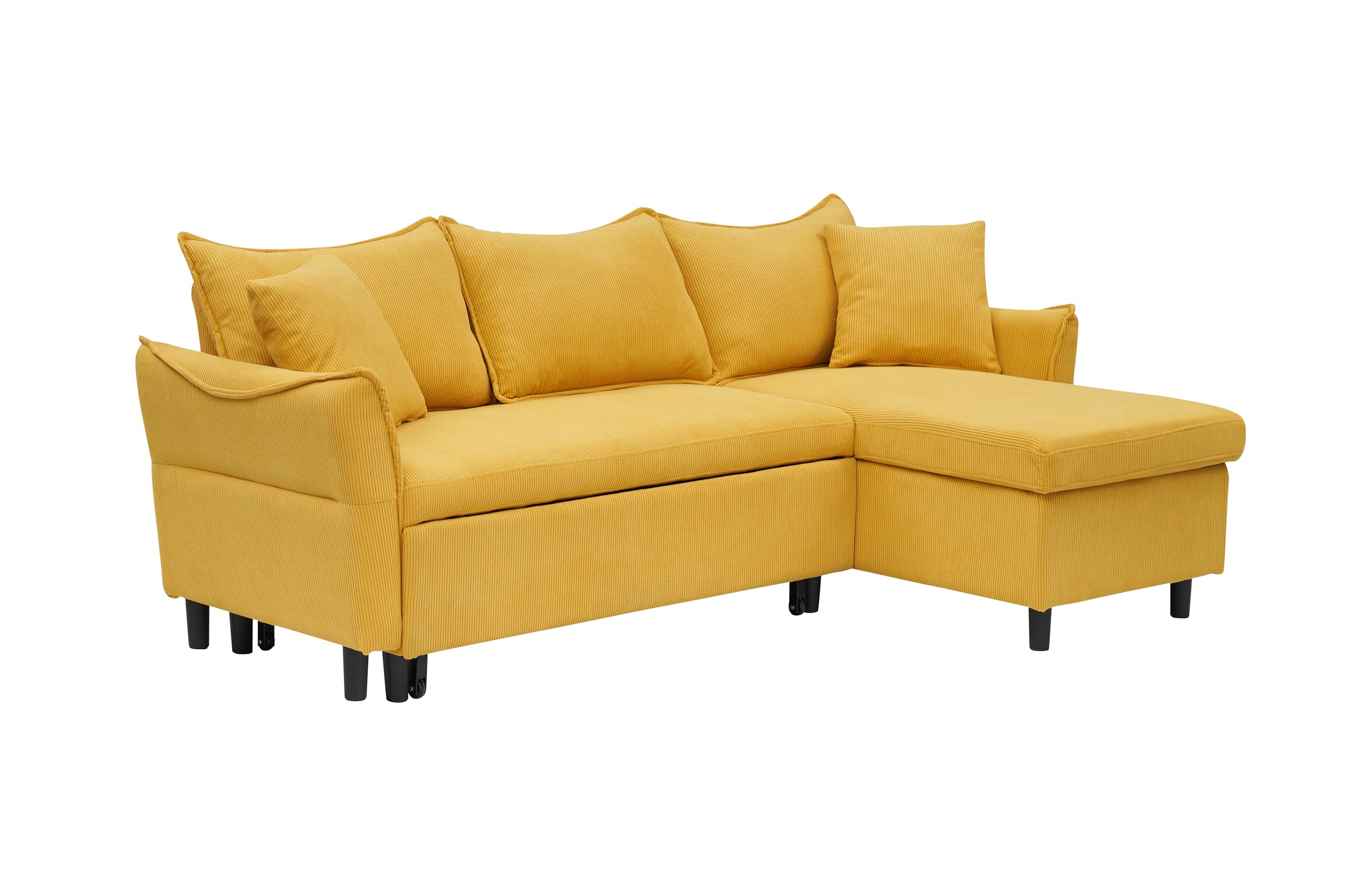 SmartEdge 80'' Convertible Sleeper Sectional Couch 3 Seater Reversible L Shaped Sleeper Sofa with Storage Chaise, Comfy Corduroy Upholstered Corner Sofa Couches for Living Room, Yellow