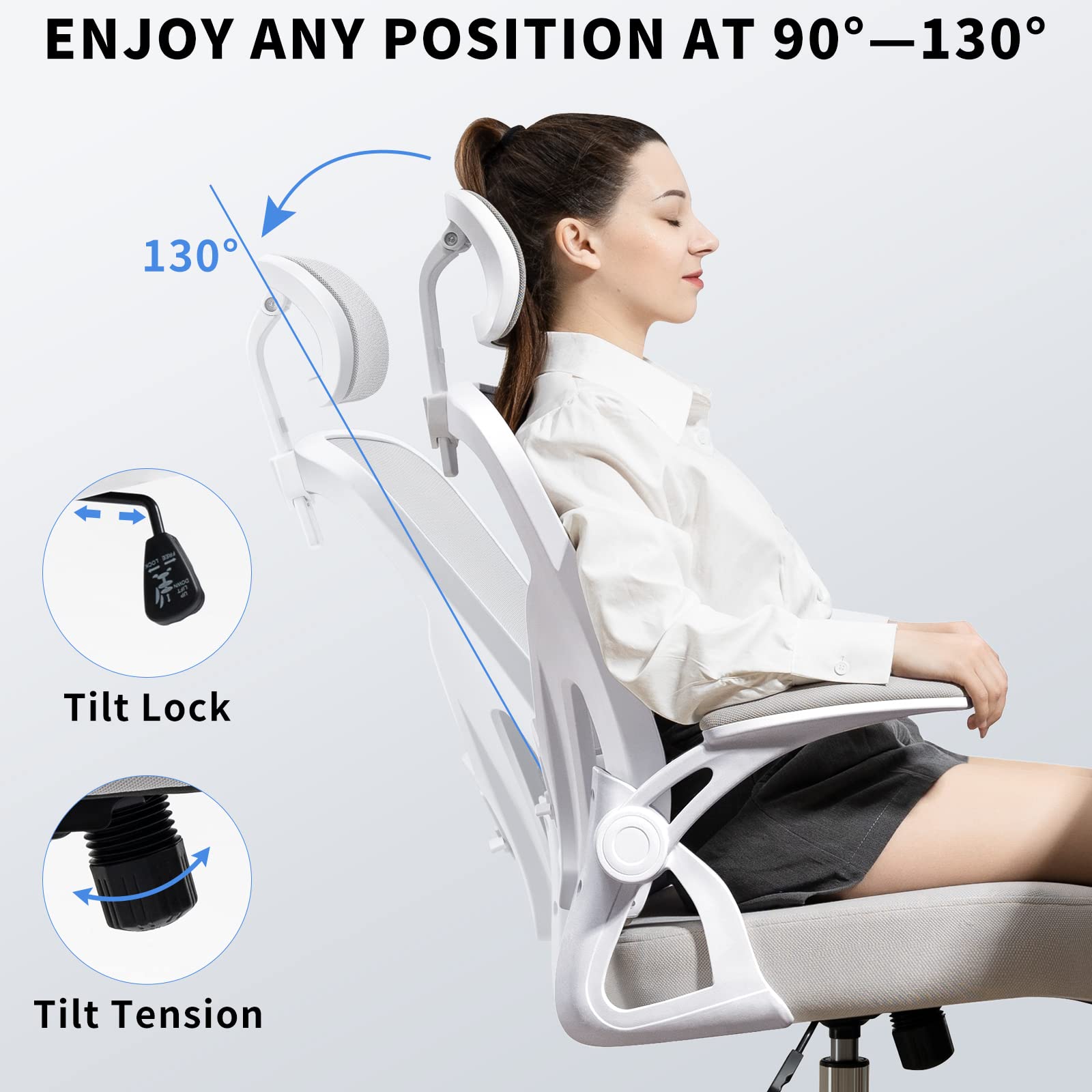 Office Chair, High Back Ergonomic Desk Chair, Thicken Large Seat, Adjustable Headrest and Lumbar Support, Comfy Computer Chair with Padded Flip-up Armrests, Swivel Task Chair, Tilt Function (Grey)