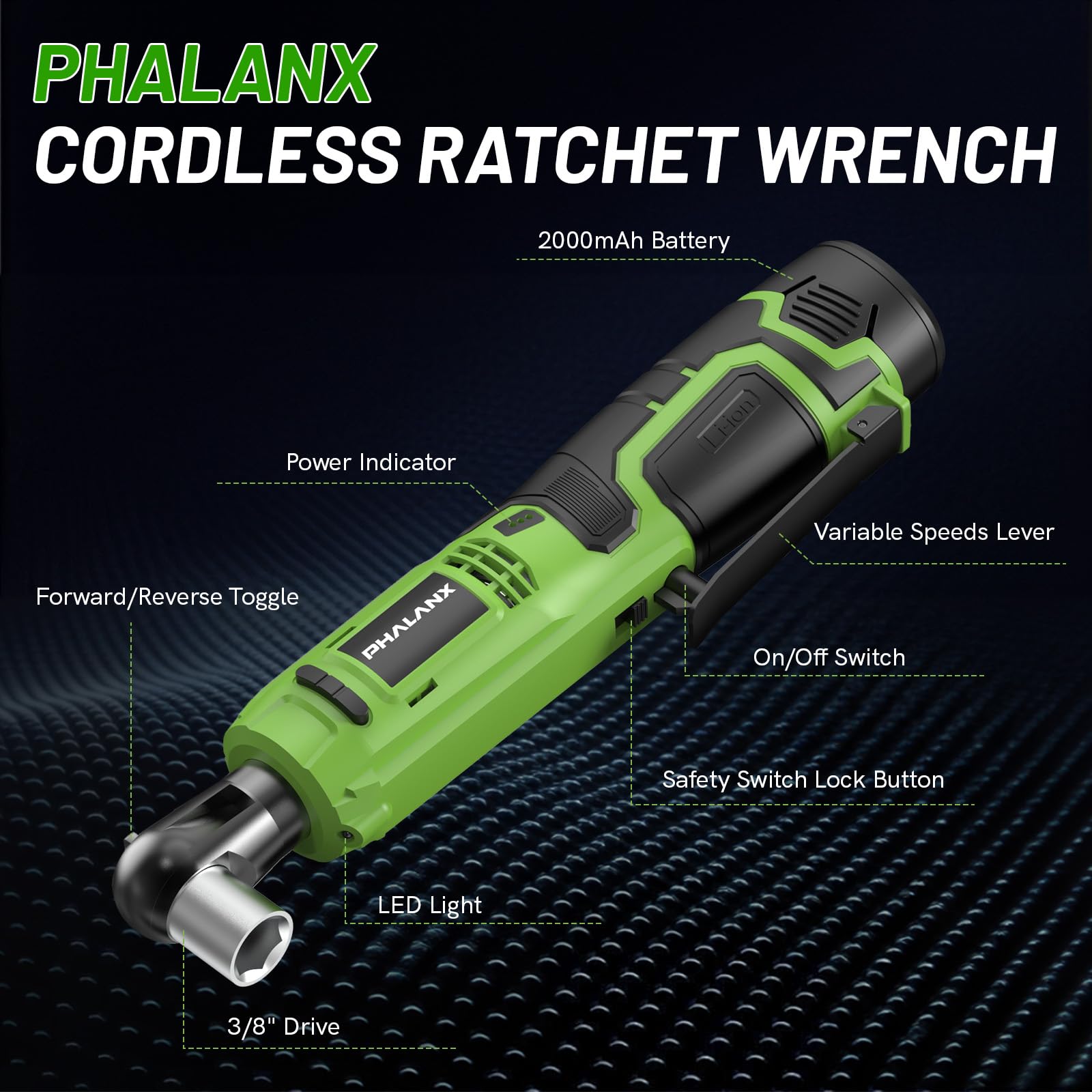 PHALANX Cordless Electric Ratchet Wrench Set, 50N.m/40Ft-lbs, 3/8" 12V Power Ratchet Tool Kit with 2 Packs 2000mAh Lithium-Ion Batteries and Fast Charger, Variable Speed Trigger, 9 Sockets