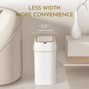 ELPHECO 2.5 Gallon Garbage Can with Buckle-up Latches, Motion Sensor Trash Can with Buckling Latches for Bathroom, Living Room, Office, Bedroom, 2 AA Batteries (Excluded), White Gold