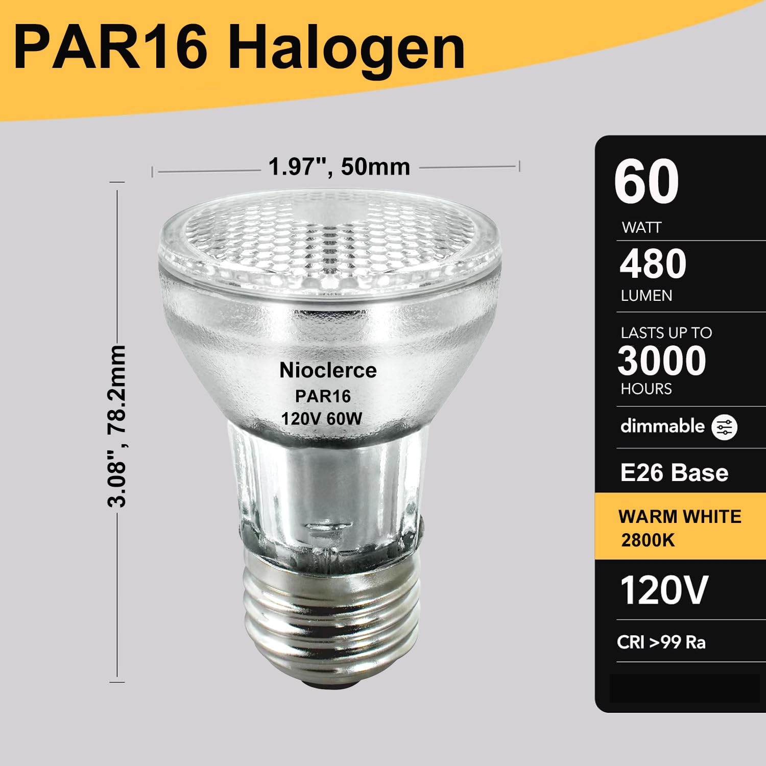 Nioclerce PAR16 Light Bulb - 2 Pack Long Lasting PAR16 Halogen Bulb 60W 120V E26 Base Warm White 2800k, PAR16 Flood Bulb Dimmable, Halogen PAR16 Bulb 60W for Range Hood Lights,Ceiling Fan,Table Light