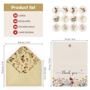 Artoid Mode 36 Pack Vintage Wildflower Thank You Cards Flower Greeting Cards Gift With Envelope Sticker Blank Note Cards for Birthday Wedding Baby Shower Bridal Shower, 4 x 6 Inch