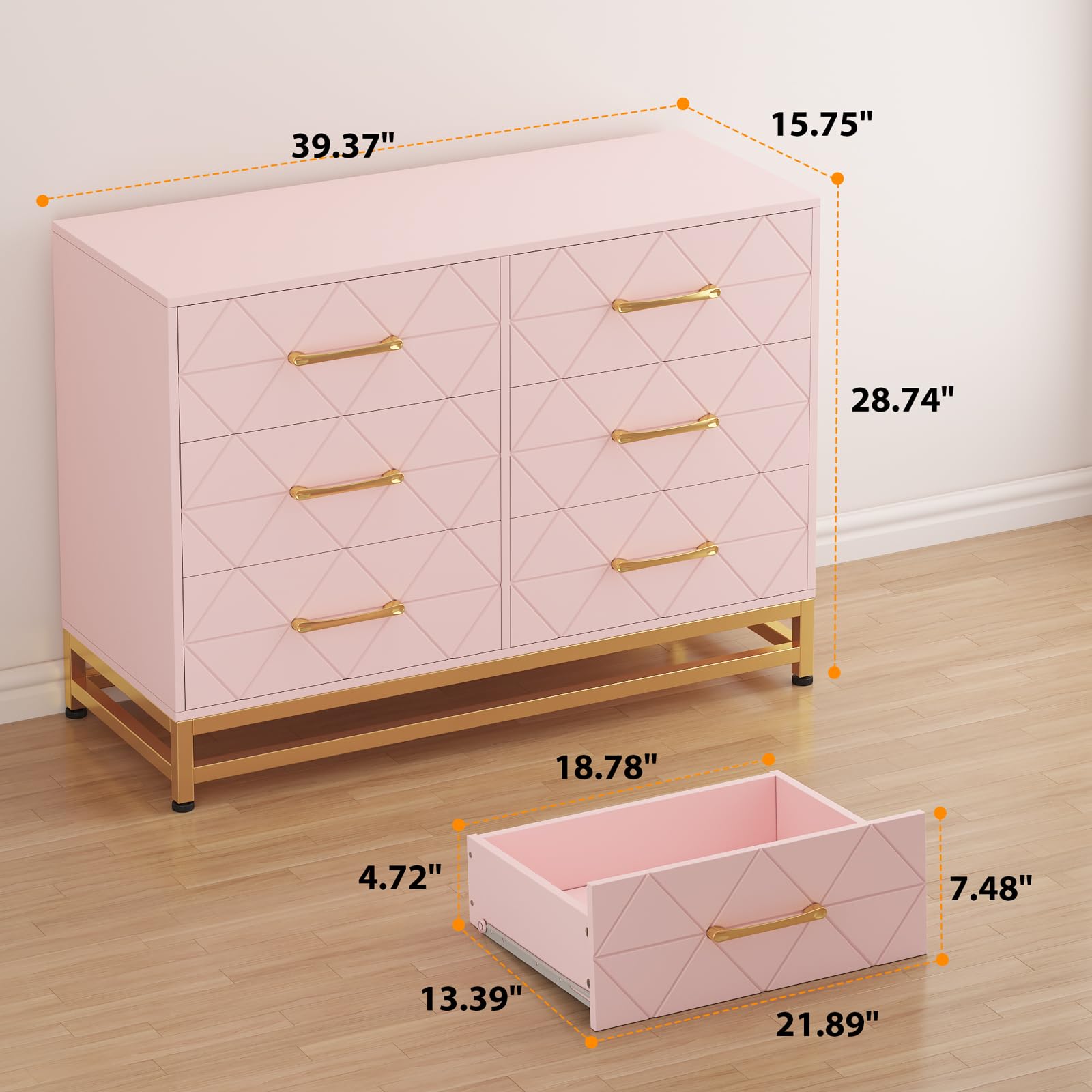 Dresser for Bedroom with 6 Drawers, Modern Wood Dresser for Closet, Chest of Drawers for Bedroom, Nursery, Living Room, Hallway, Pink