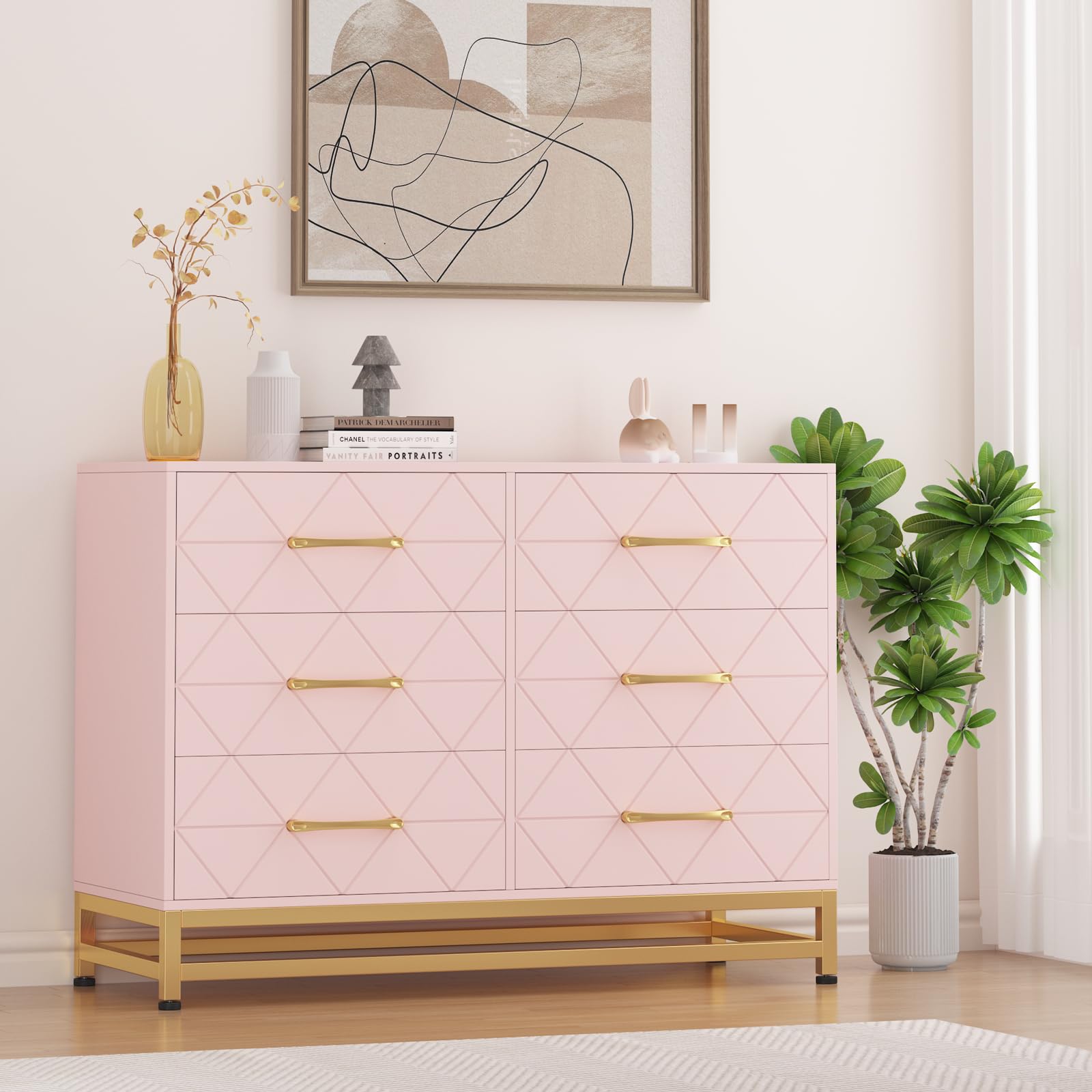 Dresser for Bedroom with 6 Drawers, Modern Wood Dresser for Closet, Chest of Drawers for Bedroom, Nursery, Living Room, Hallway, Pink