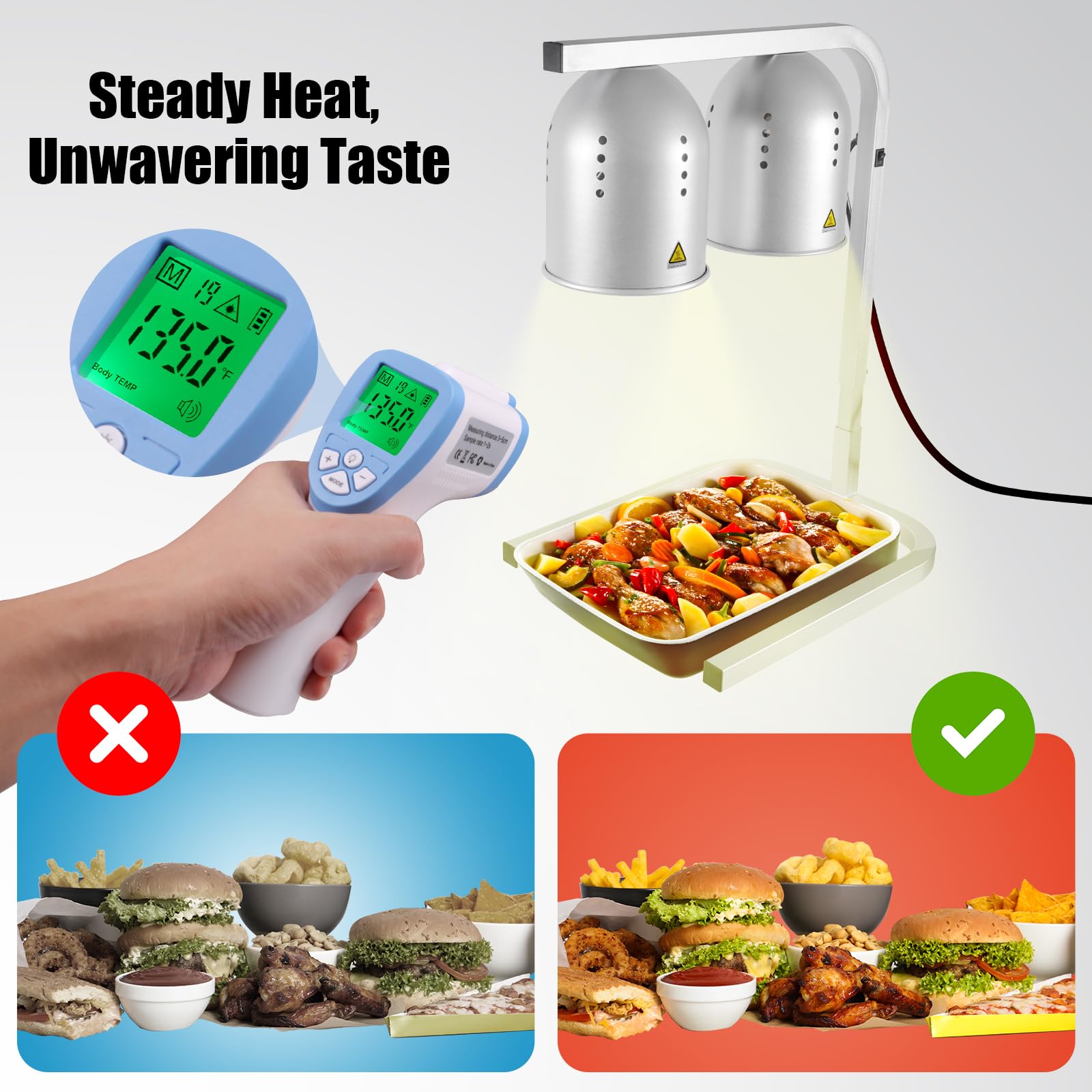 VORIGY Heat Lamp for Food, with Two 250W Bulbs for Fast and Even Heating, Food Heat Lamp with Adjustable Height Stand, Commercial Food Warmer Lamp for Home, Fast Food Restaurant, Buffet, Bakery Silver