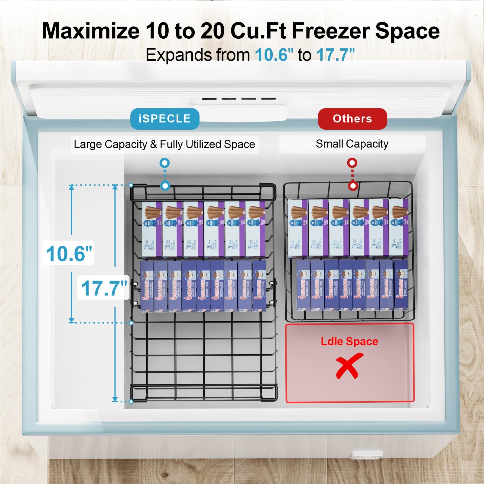 iSPECLE Freezer Organizer Bins - Fit 10 to 20 Cu.FT Chest Freezer, 2 Pack Large Expandable Stackable Deep Freezer Organizer Bins Sort and Easily Get Food with Handle, Improve Air Circulation, Black