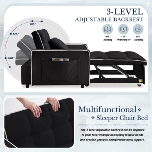 Sleeper Chair, 3 in 1 Convertible Chair Bed,Velvet Tufted Upholstered Single Pullout Sofa Chair Bed with Adjustable Backrest&Side Pockets,Recliner Lounger Bed for Living Room/Office/Small Space(Black)