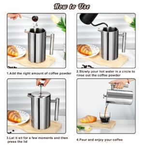 Mongdio French Press Coffee Maker, 34 Ounce (1 Litre) French Press Stainless Steel with 3 Filter, Double Wall Insulated, Easy to Clean, For Home Camping Travel Gifts